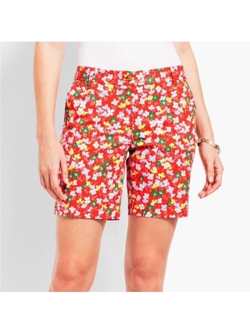 TALBOTS Girlfriend Chino Shorts cotton blend floral spring posies red 12P